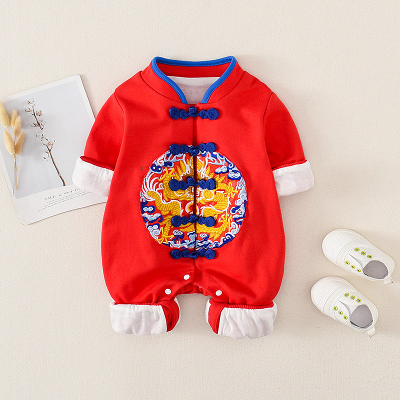 宝宝周岁礼服男春秋装薄长袖男孩连体衣红色满月百天宝宝婴儿衣服