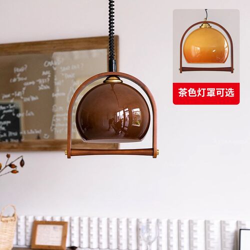 中古玻璃吊灯可伸缩餐厅吧台灯日式实木诧寂风复古岛台餐桌饭厅灯