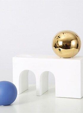 侘寂风极简几何体陶瓷摆件抽象书房样板间蓝色圆球黑白拱门装饰品