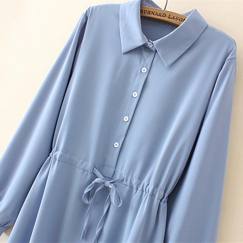 200斤胖MM2021春季新款大码女士上衣POLO领收腰系带衬衫连衣裙