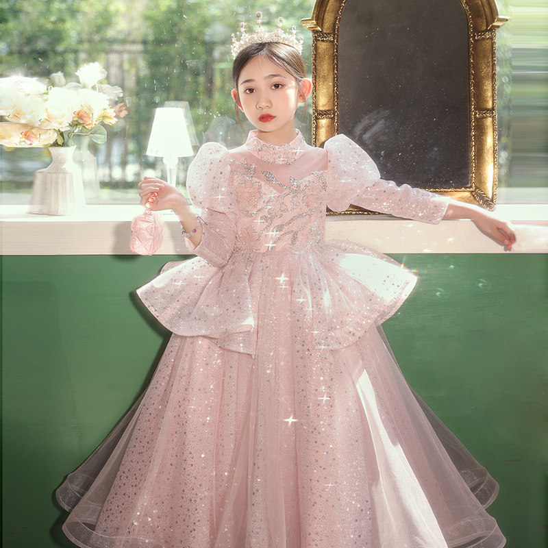 女童礼服高定长款粉色儿童高端公主裙女孩主持人走秀钢琴表演礼服