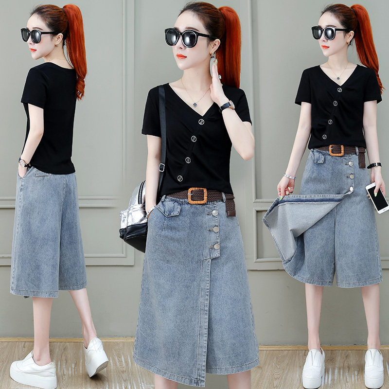 牛仔裙半身薄款裙裤女夏七分裤2021年新款秋季垂感宽松阔腿裤短裤