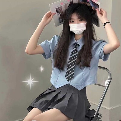 学院风蓝色衬衫jk制服套装设计感短款显瘦Polo领上衣搭配百褶裙