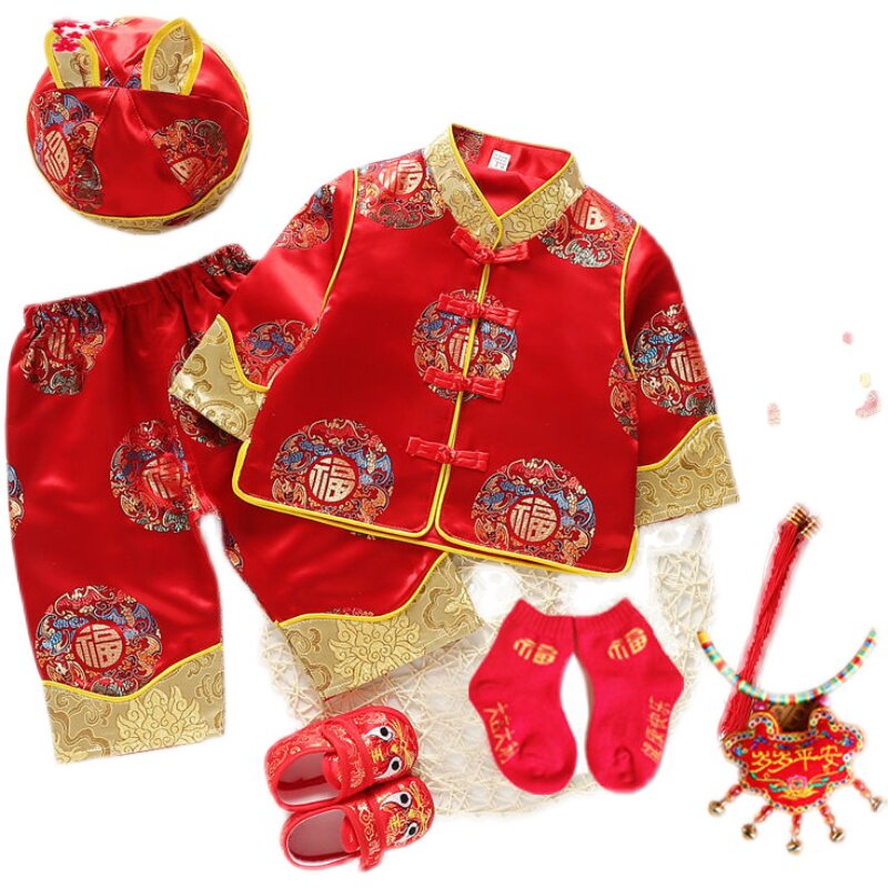 宝宝周岁礼服男童婴儿百天满月套装春夏抓周衣服女童喜庆唐装礼服