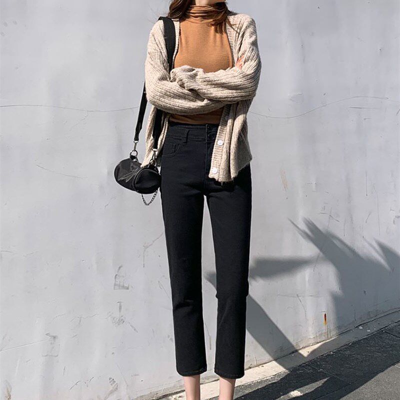 黑色牛仔裤女九分裤春装直筒裤小个子显高八分裤显瘦高腰烟管裤子