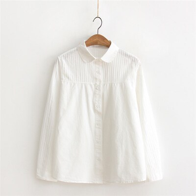 2021春装新款娃娃领纯棉短袖白色衬衫女长袖学生宽松百搭衬衣上衣