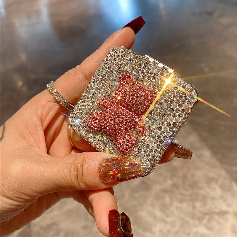 小镜随身携带可爱化妆镜高颜值镶钻熊不锈钢双面镜学生手持折叠镜