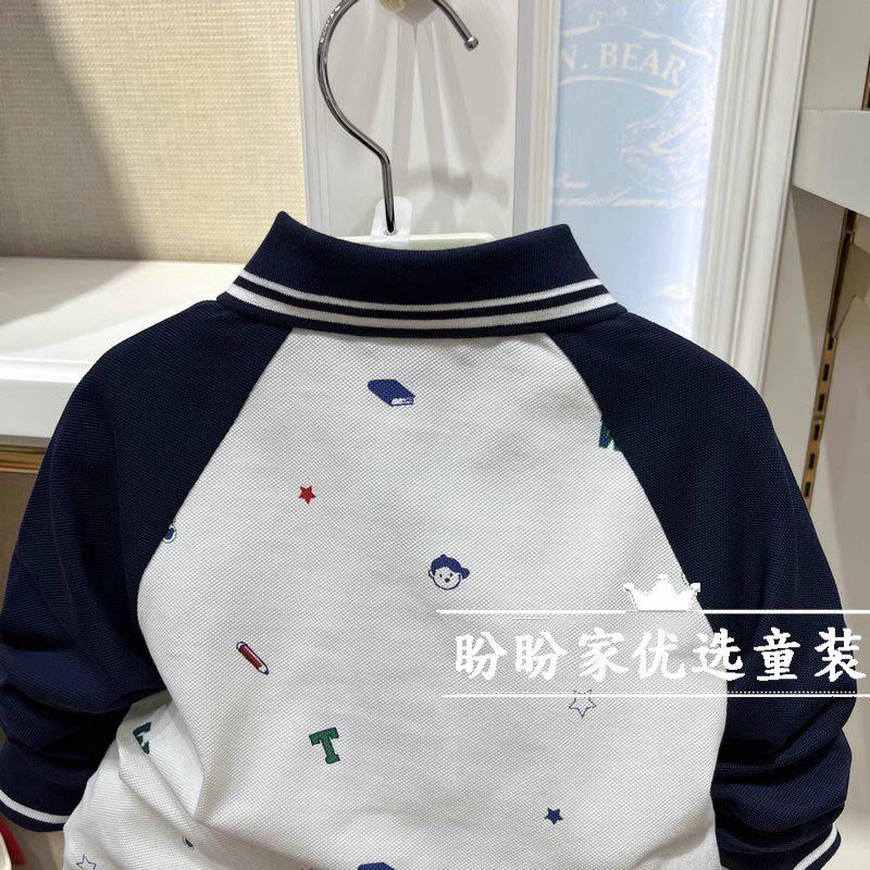 儿童T恤24春秋款男童纯棉满印插肩POLO衫中大童打底洋气长袖上衣
