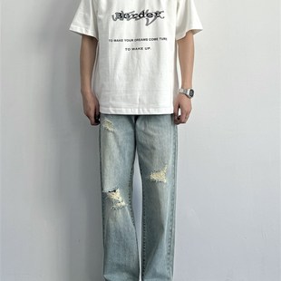 浅蓝色显瘦显高休闲长裤 ONUN复古水洗做旧破洞宽松直筒牛仔裤 美式