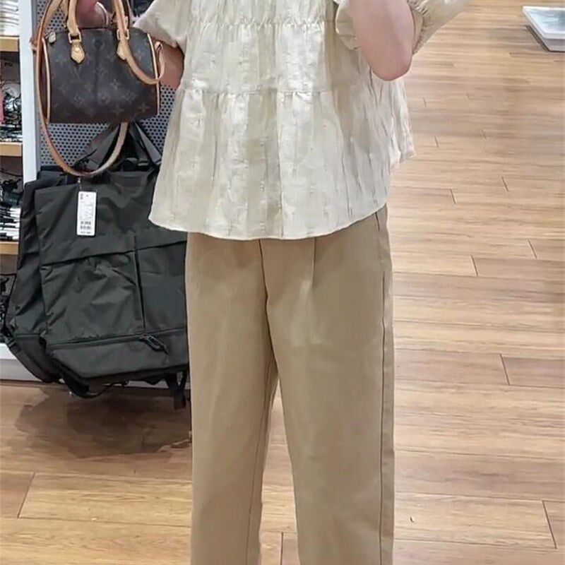 加小码七分卡其色休闲裤女春秋款八分小个子xs高腰宽松直筒阔腿裤