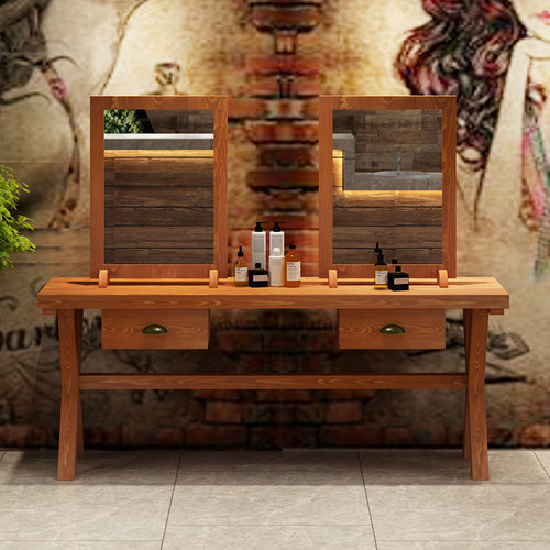 实木理发店镜台发廊专用美发烫染桌化妆店镜台复古理发店双面镜台
