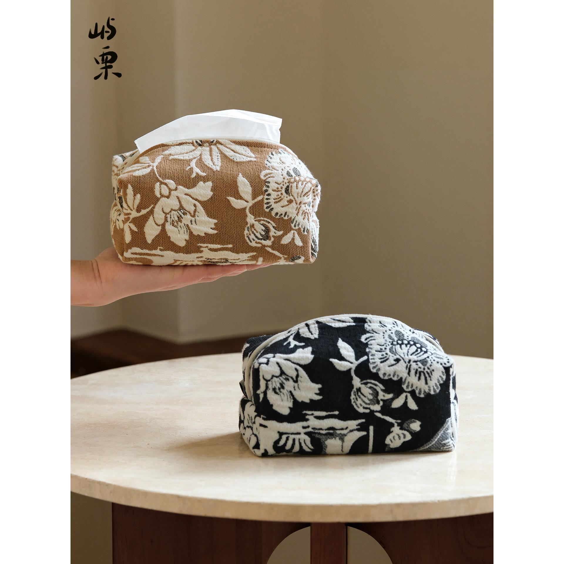 屿栗中古复古风布艺手工花卉提花抽取式纸巾套客厅车载装饰纸巾盒