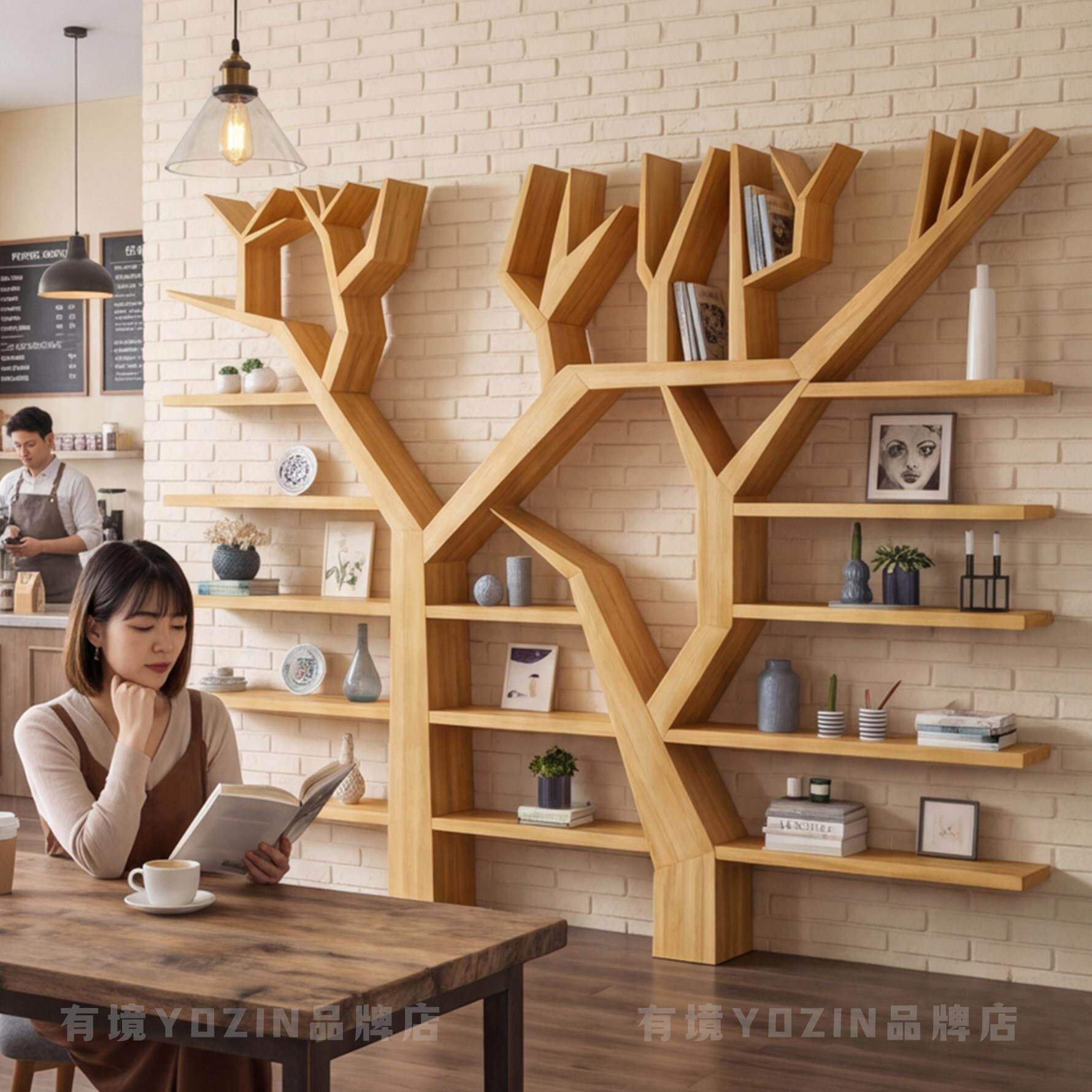 实木树形书架书房办公室创意置物架壁挂落地靠墙简约背景墙收纳架