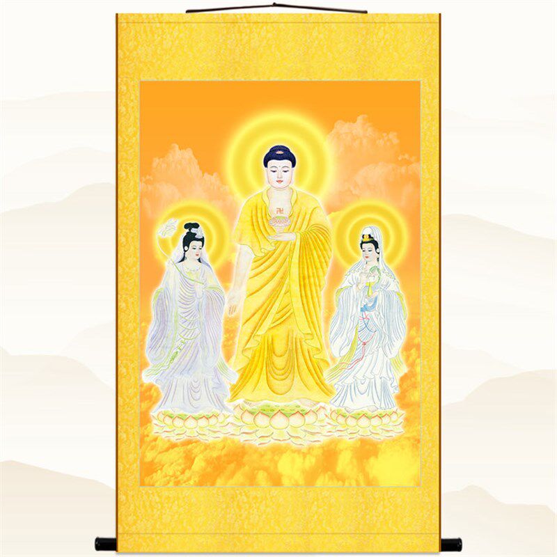 西方三圣佛像画 阿弥陀佛接引佛 观音大势至菩萨佛堂卷轴挂画定制