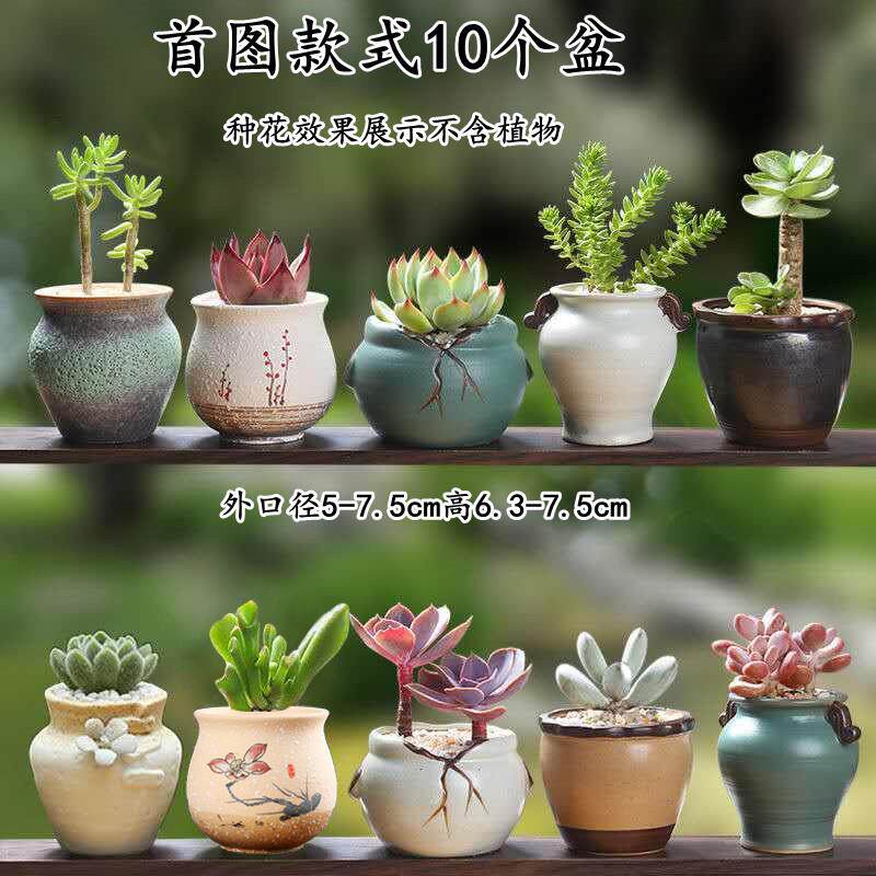 多肉花盆植物陶瓷花盆器套装栽透气复古简约拇指盆肉肉盆栽组合