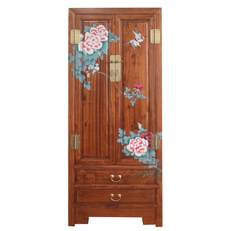 新中式彩绘田园香樟木原实木大衣柜禅意橱柜子80cm小户型儿童家具