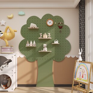实木洞洞板置物架配件儿童房免打孔装饰造型墙上展示架挂衣架一体