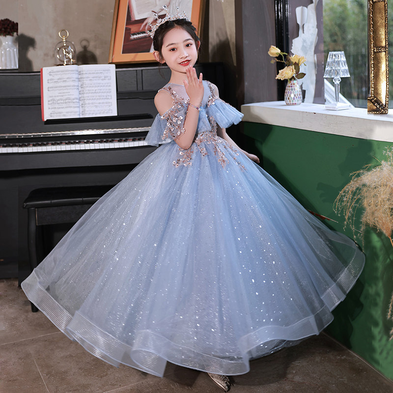 女童礼服儿童生日公主裙蓝色高端花童小女孩主持人钢琴比赛演出服