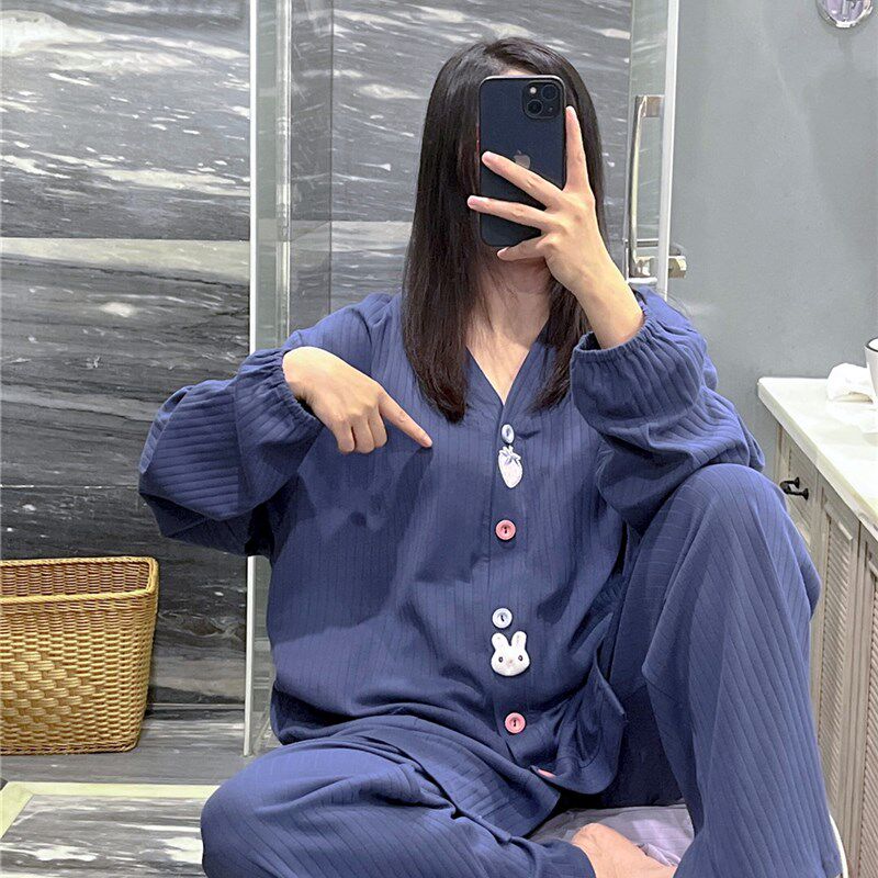 长袖V领开衫睡衣女春秋薄款针织坑条棉家居服大码胖mm200斤套装