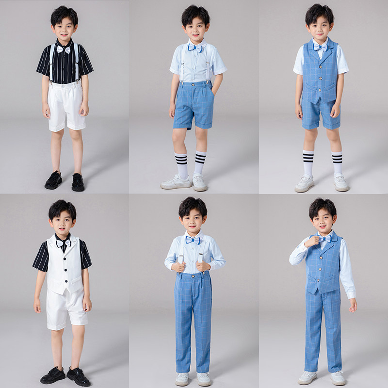 六一儿童背带裤演出服男童小学生朗诵男孩主持人蓝色礼服表演服装