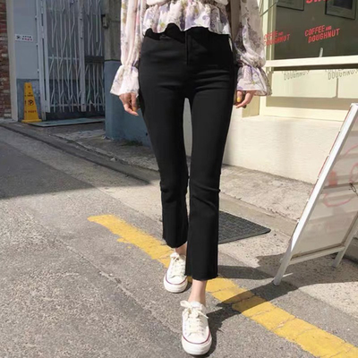 黑色喇叭牛仔裤女九分夏薄2021新款高腰显瘦小个子八分微喇裤女潮