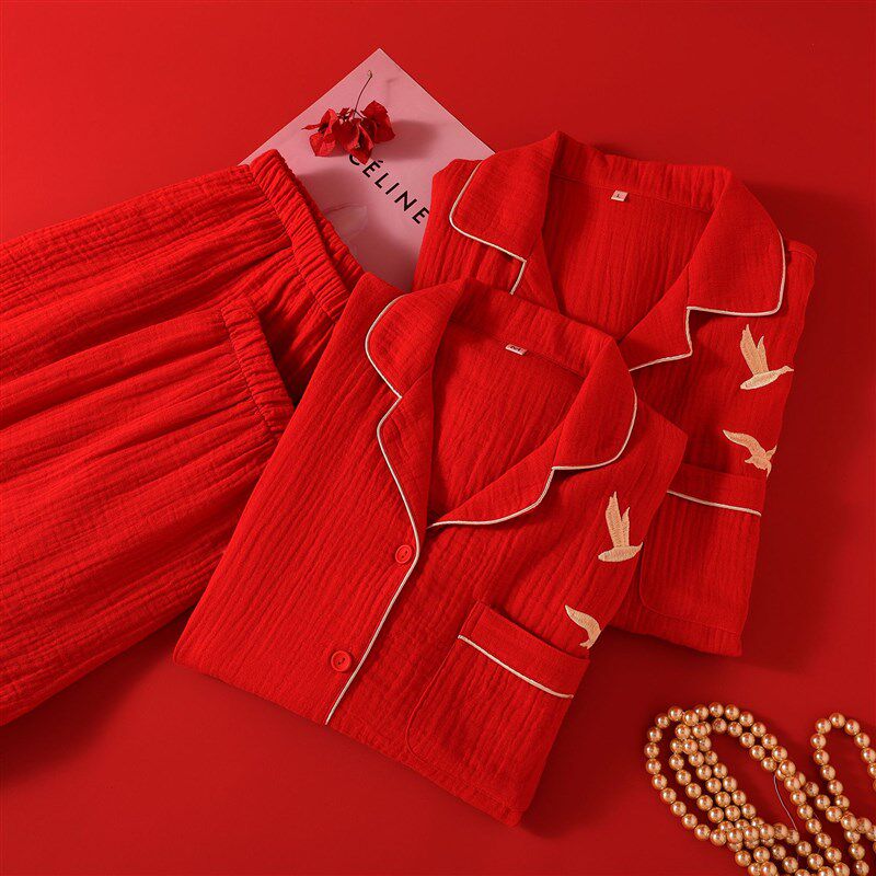 新婚情侣睡衣春秋红色纯棉纱布男女长袖本命年夏季薄款家居服套装