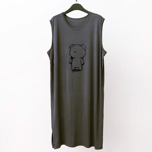 睡袍一体式 200斤无袖 浴袍连衣裙 卡通棉质背心长裙男宽松大码 夏款