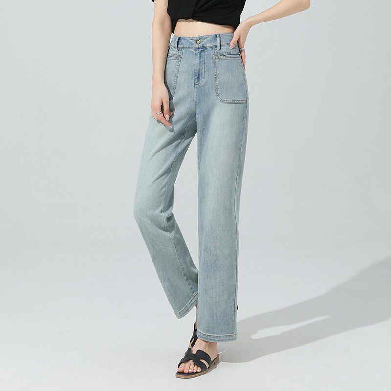 窄版阔腿牛仔裤女九分高腰宽松显瘦时尚2024年夏季薄款浅色直筒裤