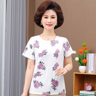 大码 妈妈休闲短袖 短袖 纯棉汗衫 宽松圆领碎花上衣 T恤中年女士夏季
