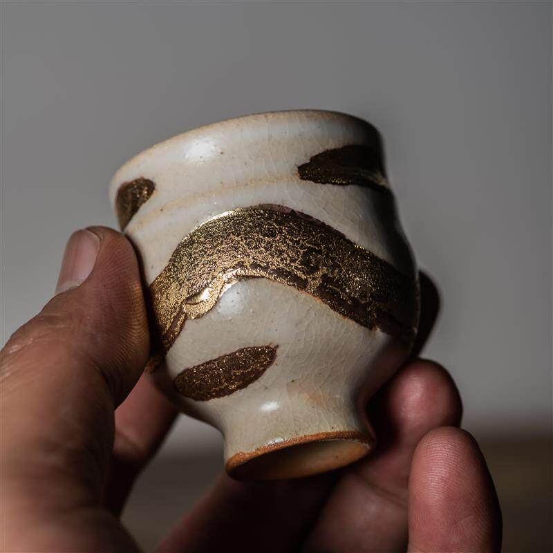 志野柴烧手捏主人杯鎏金陶瓷杯高端功夫茶具品茗杯家用泡茶杯孤品