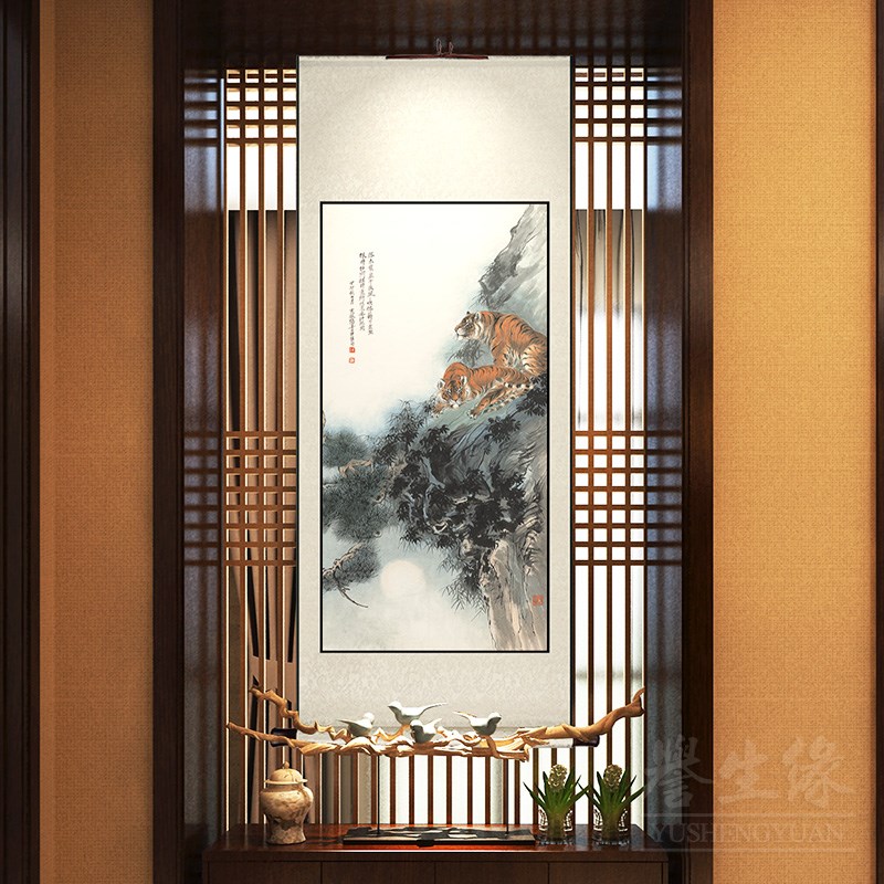 上山虎下山虎卷轴挂画中堂画老虎镇宅猛虎下山布艺玄关装饰画竖版