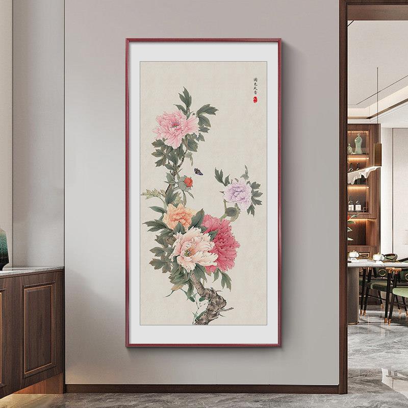 花开富贵玄关挂画新中式装饰画走廊过道大气牡丹花壁画手绘国画