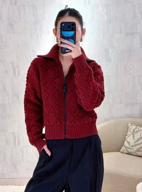 CHENXI秋冬酒红高领针织拉链款时尚休闲外套3271