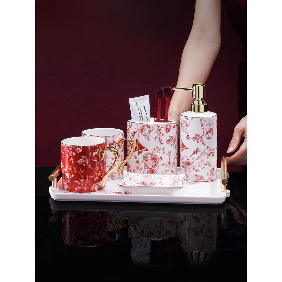 高级感陪嫁洗漱套装红色牙刷杯子一对新婚刷牙杯轻奢结婚漱口杯