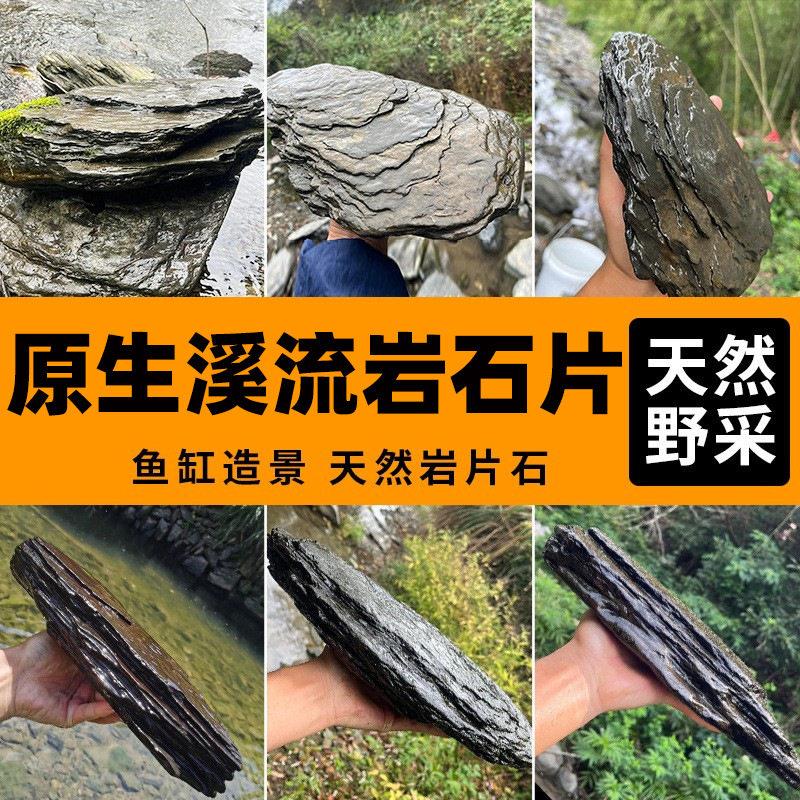 溪流青片岩石水族鱼缸造景装饰原天然野采生态假山乌龟晒台一整套
