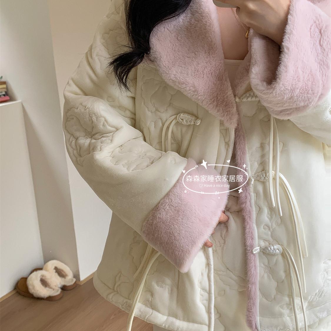 国风新中式毛绒大翻领三层铺棉睡衣女冬加绒加厚保暖珊瑚绒家居服
