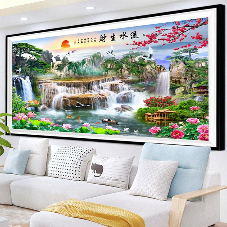 流水生财迎客松钻石画2026新款客厅5d满钻十字绣钻石绣高级风景画