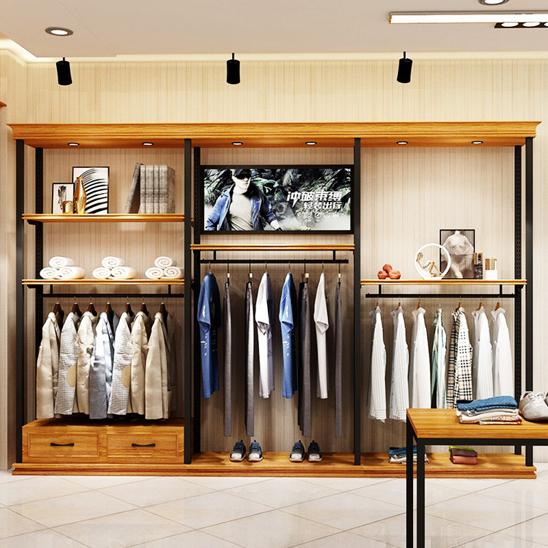 实木服装店展示架落地式挂衣架带灯高档定制男装货架中岛陈列架子