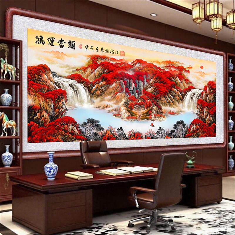 鸿运当头办公室风景国画新中式山水挂画客厅字画沙发背景墙装饰画