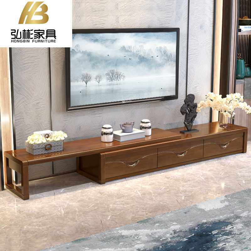 中式现代实木电视柜客厅家用全实木经济型小户型卧室伸缩储物地柜