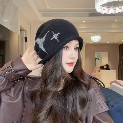秋冬新款星星针织堆堆帽女保暖显脸小毛线帽