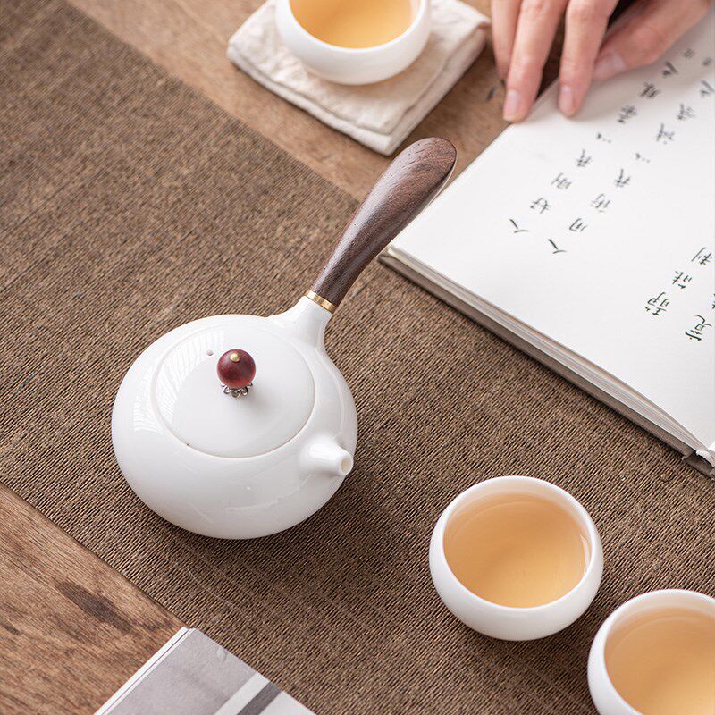 德化羊脂玉瓷功夫茶具套装侧把茶壶个人专用泡茶壶一壶二杯小茶盘