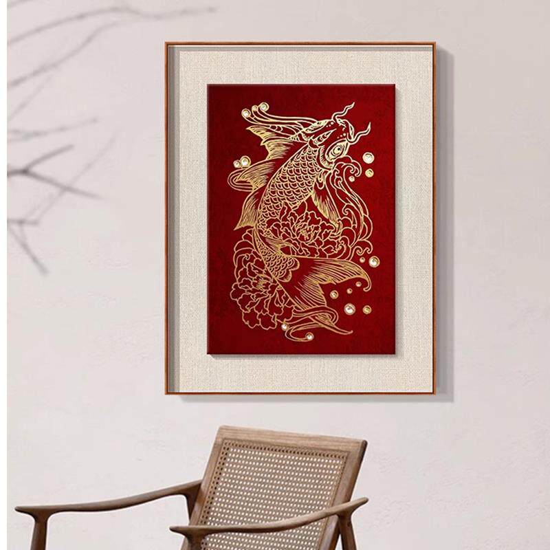 新中式客厅玄关装饰画金箔色鲤鱼年年有余茶室办公室壁画玄关挂画