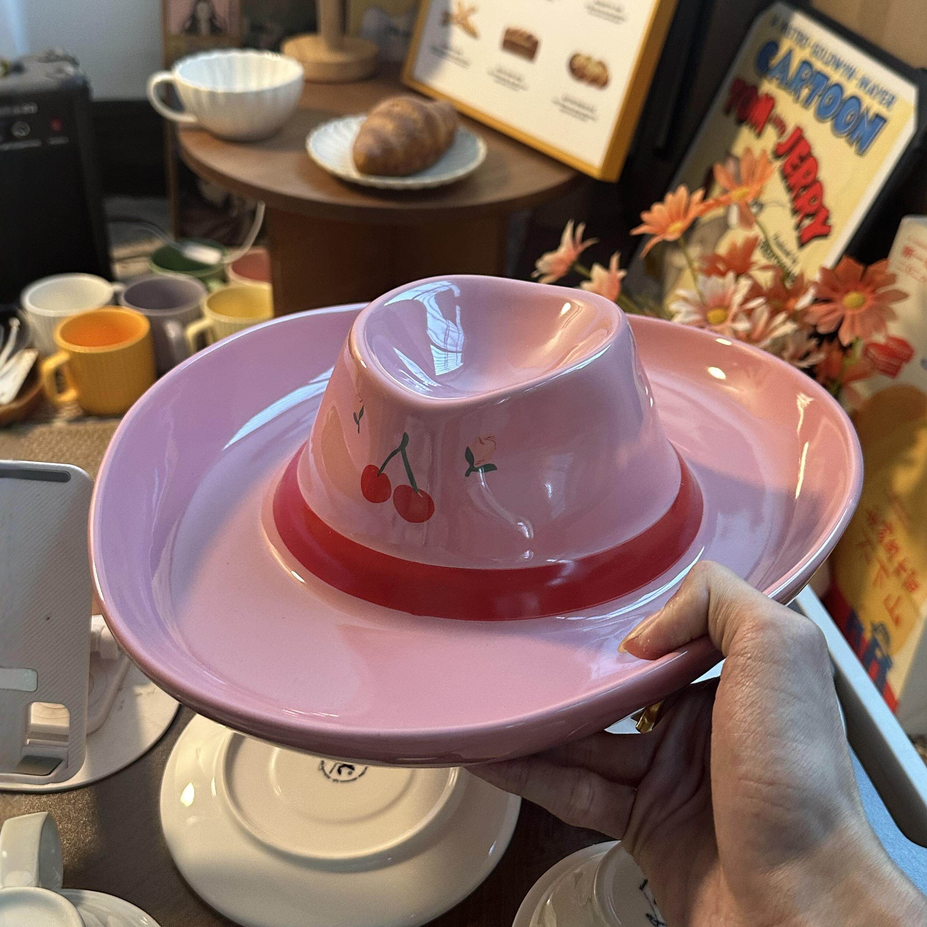 粉色樱桃牛仔帽饺子盘自带醋碟分格陶瓷高颜值家用寿司碟早餐盘子