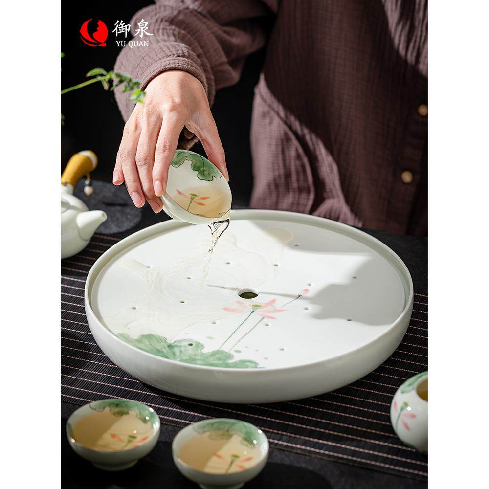 御泉 手绘陶瓷茶盘圆形储水式客厅家用功夫茶具干泡茶台2025新款