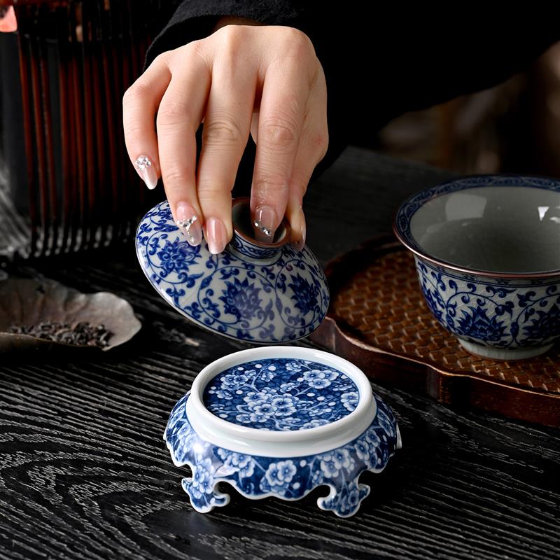 景德镇陶瓷青花梅花板凳盖置杯垫小紫砂壶盖托壶承家用茶道零配