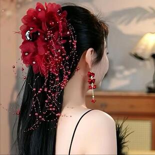 红色流苏发夹后脑勺新娘发饰古风汉服头饰配饰淘宝拼多多款