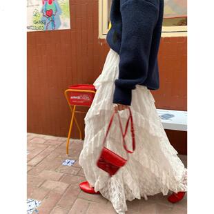 复古拼接斜纹白色蕾丝半身裙女早春松紧腰显瘦网纱a字长裙女其他