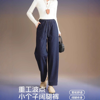 五只白鹅2025年秋冬爆款重工波点小个子休闲牛仔弯刀阔腿裤2598