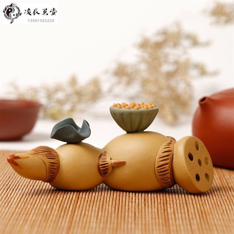 宜兴紫砂茶宠莲藕盖托可养莲蓬莲子壶托笔架精品雕塑手工茶玩摆件